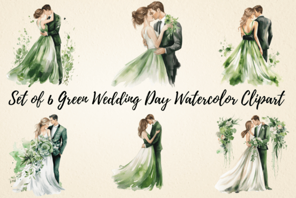 Green Wedding Day Watercolor Clipart for Creative Projects