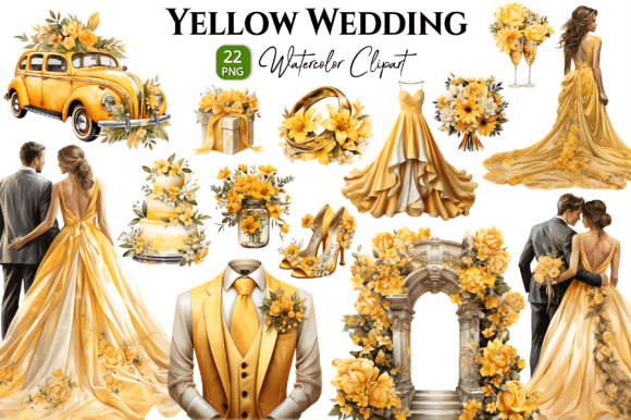Yellow Wedding Watercolor Clipart Bundle for Wedding Projects